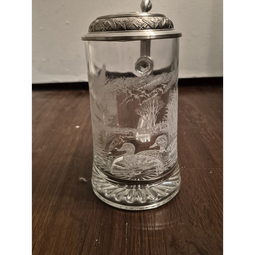 Vintage Lidded Beer Stein Etched Ducks Glass Pewter Lid Old Germany Domex - Picture 7 of 9